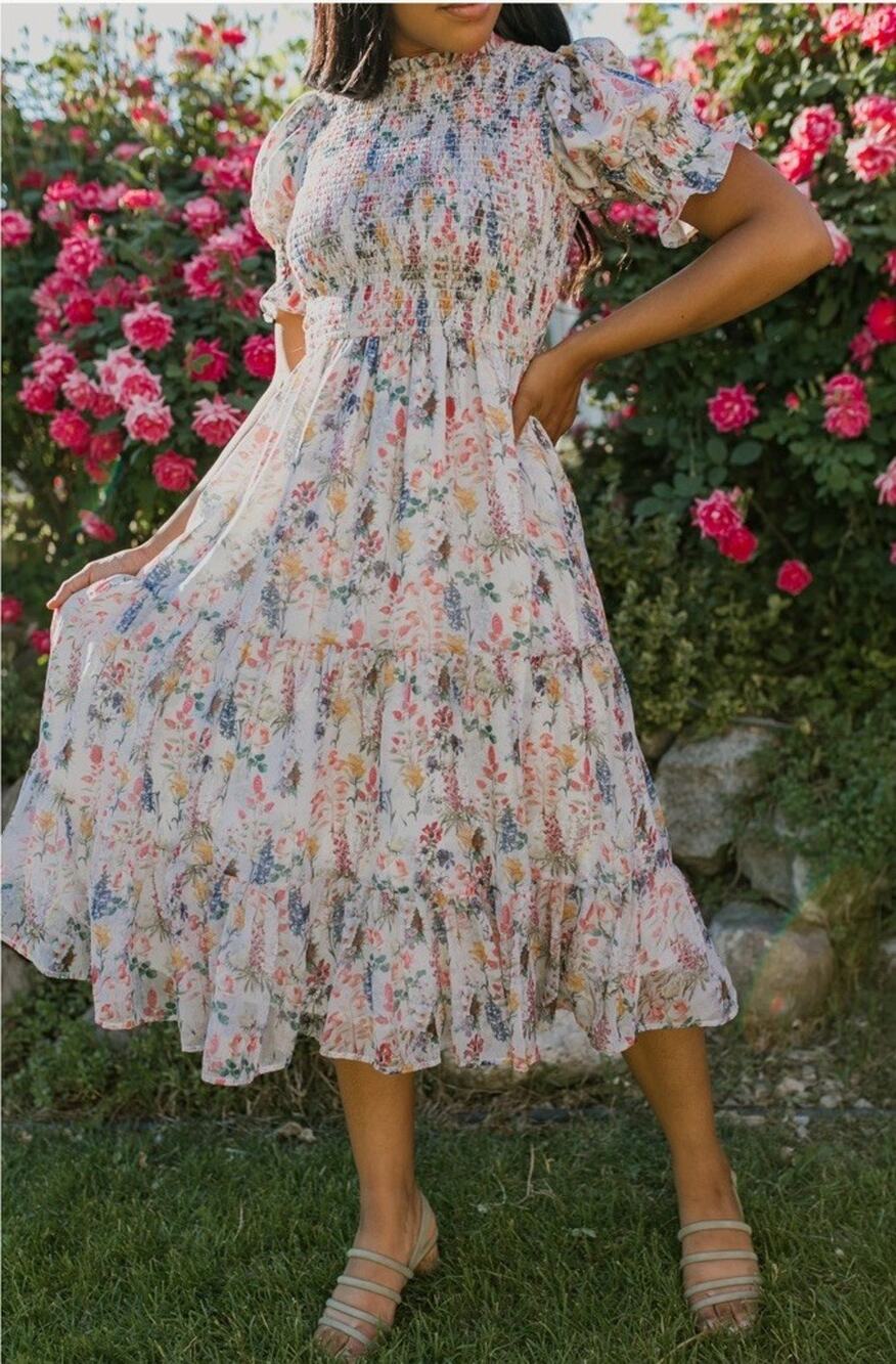Ivy City Co Cordelia Multicolor Floral Smocked Puff Sleeve Midi Dress Size 3X
